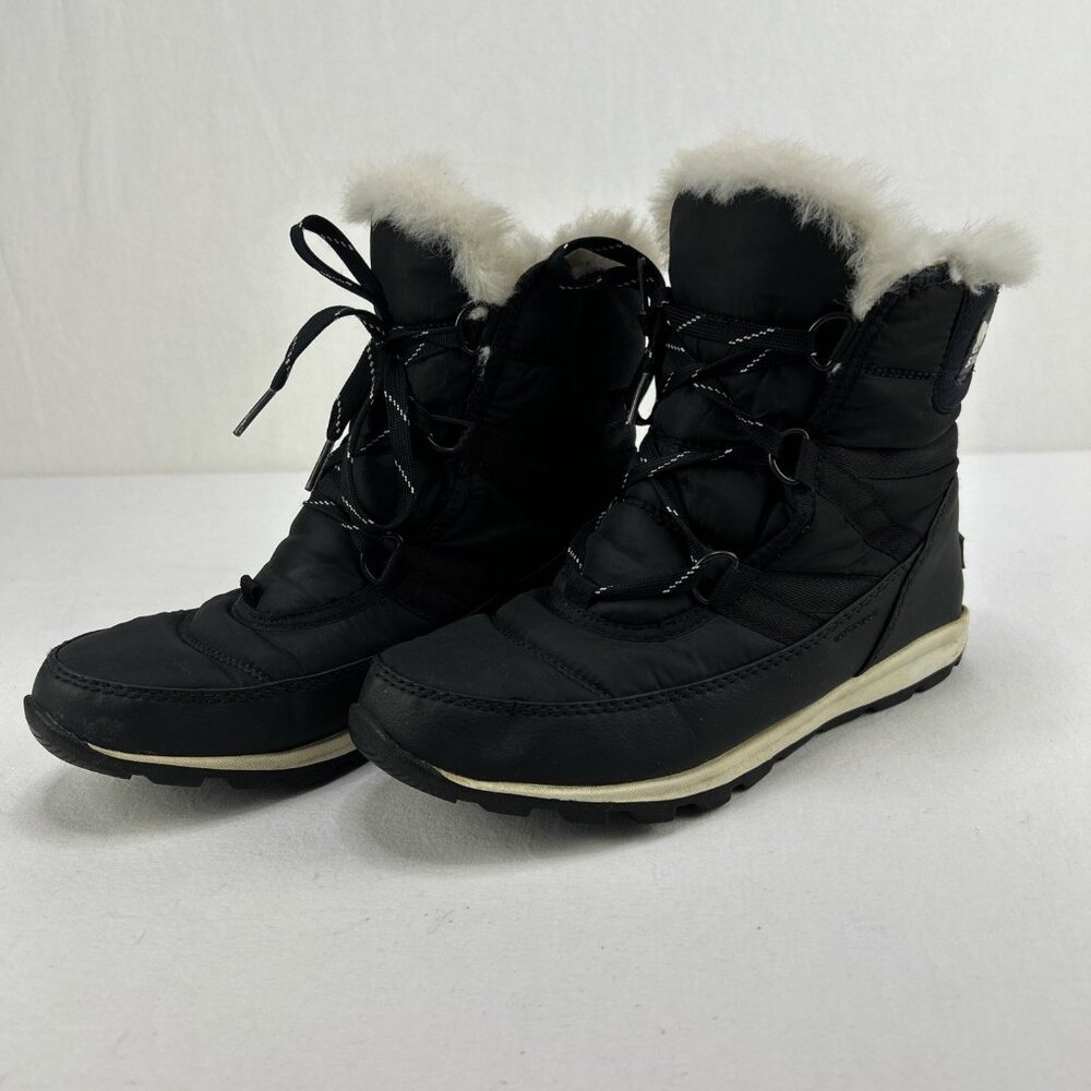 Sorel Whitney Faux Fur Short Winter Boots Sz 8 Black Waterproof Lace Up Snow